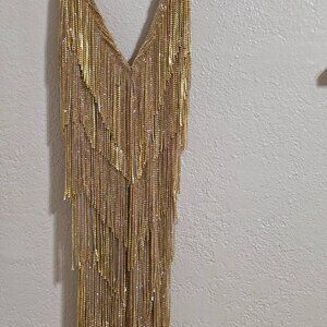 Mewmews Crystal chain mesh mini dress in gold